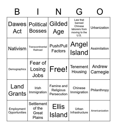 Social Issues of the Gilded Age Bingo Card