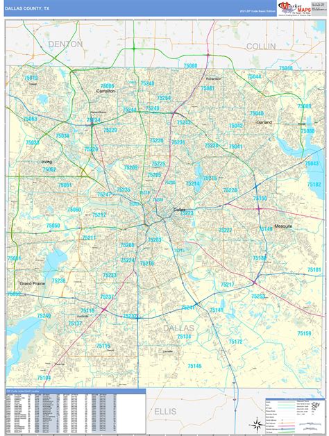 Dallas County, TX Zip Code Wall Map Basic Style by MarketMAPS - MapSales