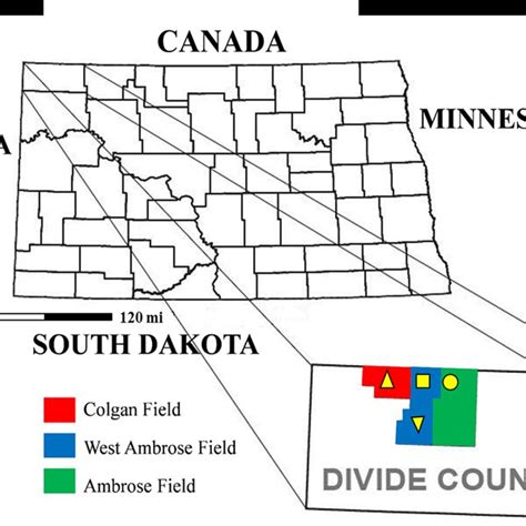 County Map of North Dakota showing boundary states. (Inset: Fields of ...