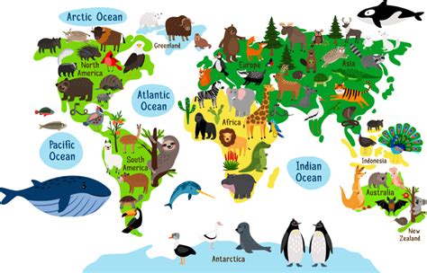 World map with trees and animals wall sticker - TenStickers