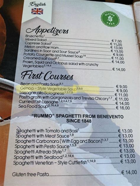 Menu at Al Ponte di Rialto pizzeria, Venice