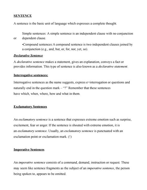 Anjunotes - NOTES - SENTENCE A sentence is the basic unit of language ...