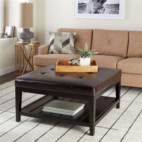 Abbyson Manchester Brown Bonded Leather Square Coffee Table Ottoman (Storage/Tufted - Brown ...