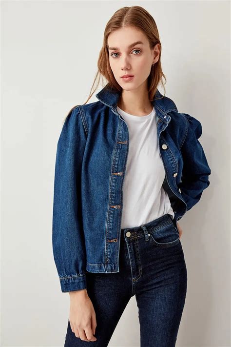 Trendyol Dark Blue Denim Jacket Shoulder Detail TCLSS19LR0080-in Basic Jackets from Women's ...