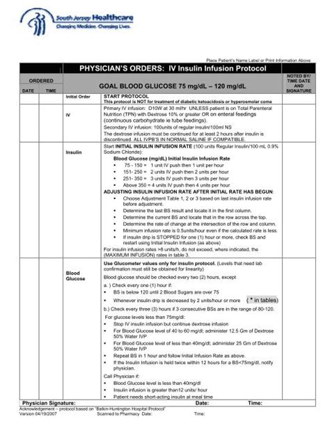 PHYSICIAN'S ORDERS: IV Insulin Infusion Protocol