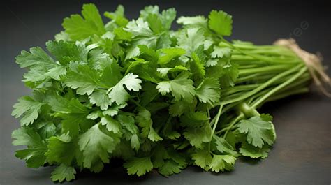 Fresh Coriander Leaves Hanging Onto A Black Surface Background, A ...