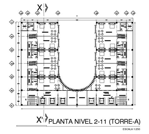 40x30m 2nd to 11th floor level hotel plan is given in this AutoCAD drawing model. Download now ...