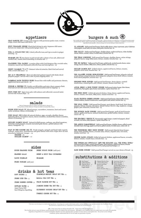 The Cowfish Sushi Burger Bar menu in Birmingham, Alabama, USA