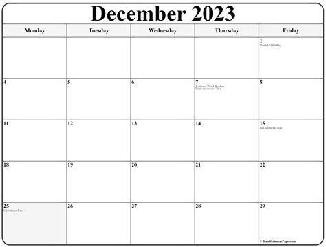 December 2023 Monday Calendar | Monday to Sunday