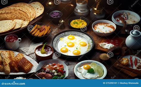 Arabian Traditional Tasty Breakfast Beans and Eggs and Falafel and Fresh Green Salad Stock ...