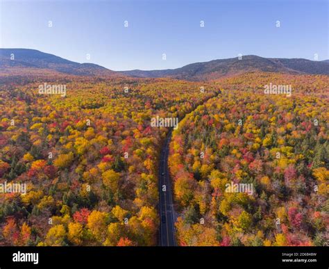 White Mountain National Forest fall foliage on Kancamagus Highway aerial view near Sugar Hill ...