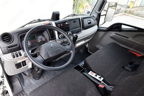 Mitsubishi Fuso. A small truck with a container. Cabin interior - dashboard. 09-23-2019, Prague ...