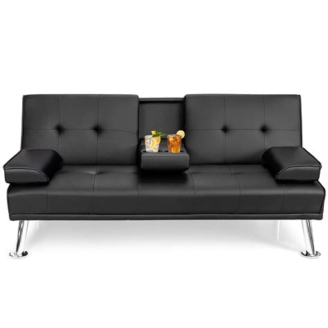 Costway Convertible Folding Futon Sofa Bed Leather w/Cup Holders&Armrests Black - Walmart.com