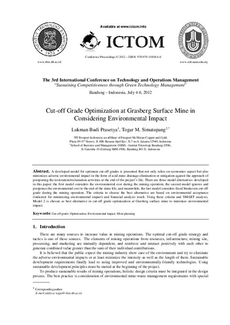 (PDF) Optimizing Cut-off Grades for Environmental Impact at Grasberg