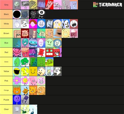 BFB characters by color in a tier list but i took the time to do all of ...