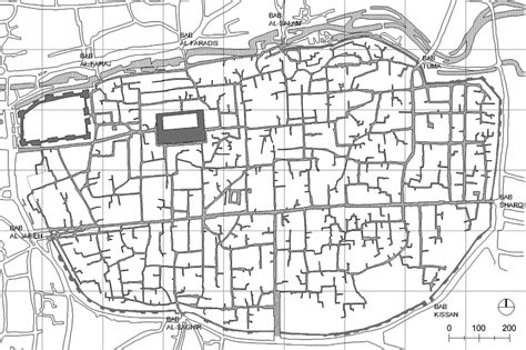 Reconstructed map of the traditional Arab Islamic city of Damascus ...