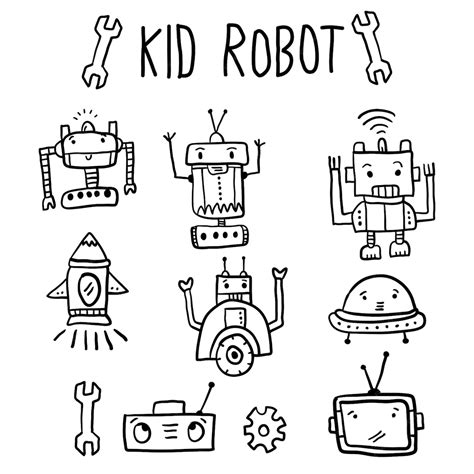 Linda colección de juegos con robot infantil y diferentes elementos de dibujo divertido | Vector ...