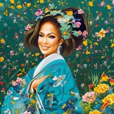 Painting of jennifer lopez in a flower garden on Craiyon