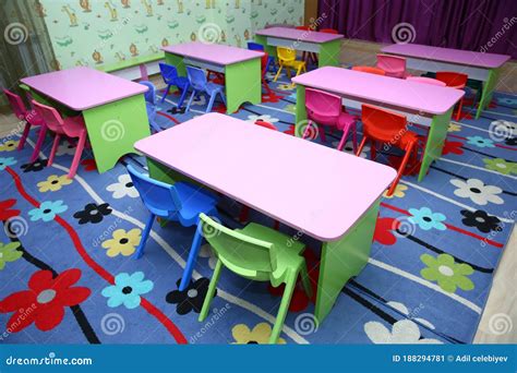 Empty Tables . Children`s Furniture and Toys in Kindergarten Editorial ...