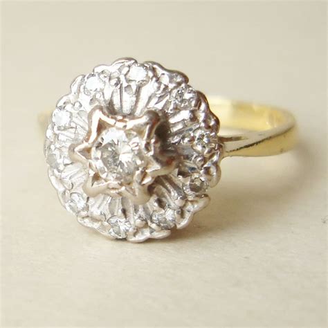 Vintage Diamond Flower Ring 18k Gold Engagement Wedding Ring