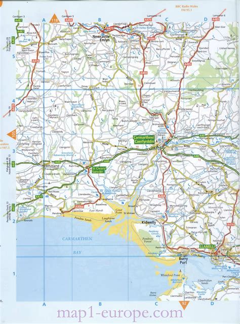 Carmarthen road map. Detailed large-scale road map suburbs Carmarthen city Wales UK. Free ...