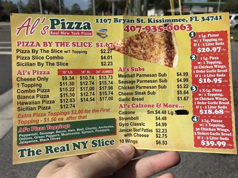 Menu at Al's Pizza pizzeria, Kissimmee, W Bryan St