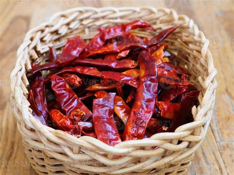 Close-up dried chili in a bamboo weave basket 13183686 Stock Photo at ...