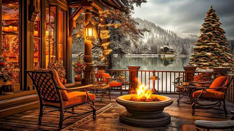 Winter Cozy Porch Ambience ⛄ Snowy Day with Smooth Jazz & Fireplace to ...