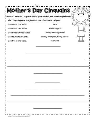 Cinquain Poem for Mother's Day Worksheets