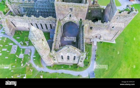 Aerial view of the inside of the Rock of Cashel where the brick walls ...