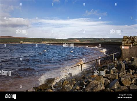 Kielder Water reservoir and dam with valve tower Stock Photo - Alamy