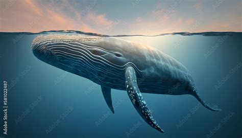 Blue whale in water, side view, golden hour Stock Illustration | Adobe Stock