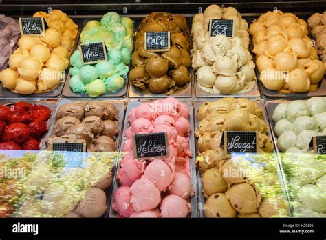 Many flavours of ice cream on sale at Vallon-Pont-d'Arc, Ardèche ...