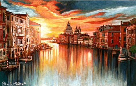 Original Painting Sunset Venice Italy Europe Grand Canal Gondola City M Mishkova | Painting ...