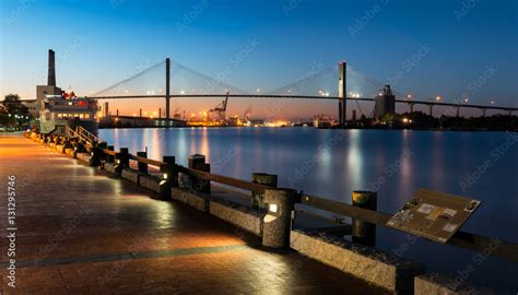 Talmadge Memorial Bridge from river walk along the Savannah River in ...