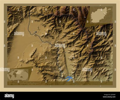 Kapisa, province of Afghanistan. Colored elevation map with lakes and rivers. Locations of major ...