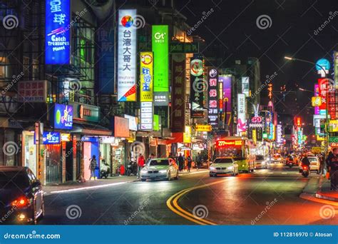 Taipei Nightlife Neon Lights Taxis Crowded City Streets Editorial Image - Image of asian ...