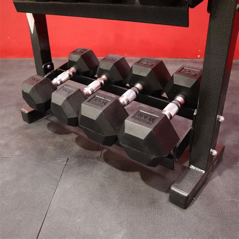 York 5-25lb Rubber Hex Dumbbell Set w/ Dumbbell Stand (New) | Discount Commercial Gym Equipment