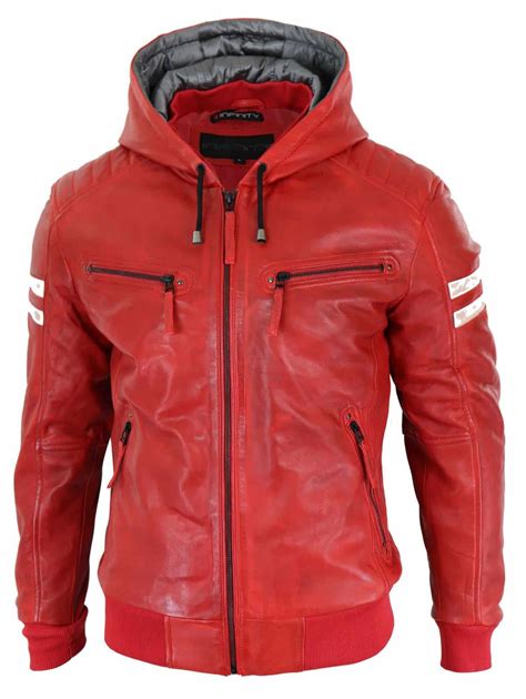 Men's Real Leather Bomber Jacket with Hood-Red: Buy Online - Happy ...
