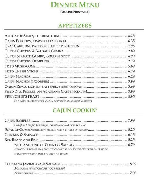 Menu at Acadiana Cafe, San Antonio