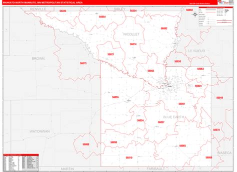 Mankato-North Mankato, MN Metro Area Wall Map Red Line Style by MarketMAPS - MapSales