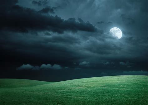 Hilly Meadow At Night With Full Moon by Spooh