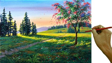 Acrylic Landscape Painting Tutorial / Pink Flowering Tree in Spring ...