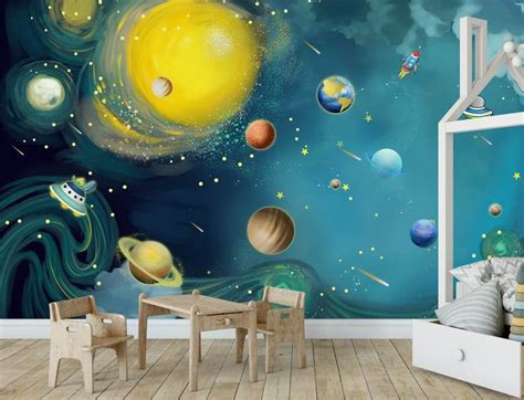 Blue space wallpaper kids bedroom wall mural Peel and Stick | Etsy in ...