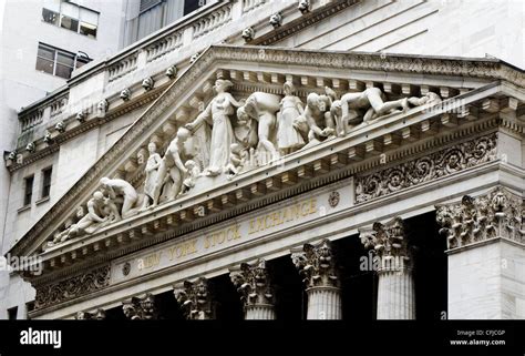 Marble hi-relief pediment sculpture on New York Stock Exchange building front at 18 Broad St ...