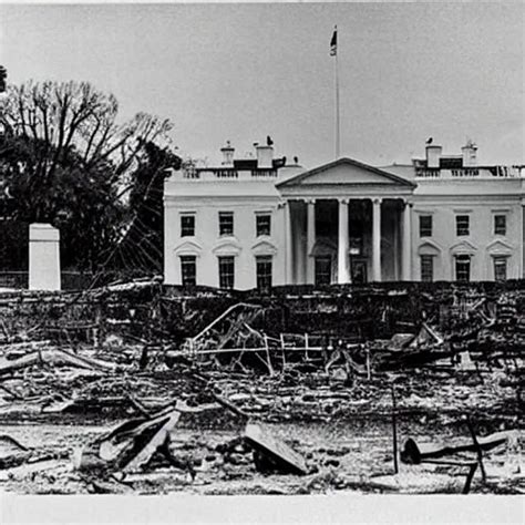 Burned Ruins of White House in USA after bombing, photo | Stable Diffusion