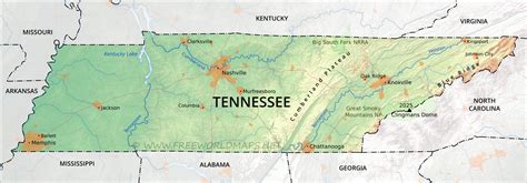 Physical map of Tennessee