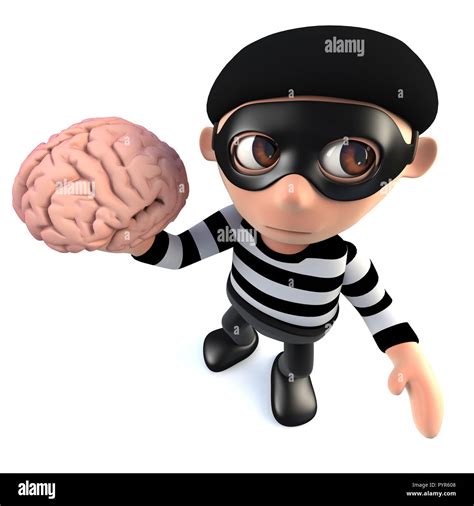 3d render of a funny cartoon burglar thief holding a human brain Stock ...