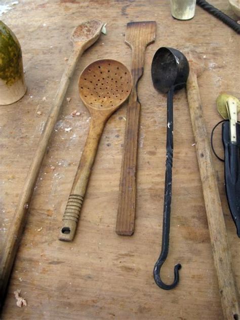 Medieval kitchen utensils: wooden ladel, long handled spoons and sieve | Wood kitchen utensils ...