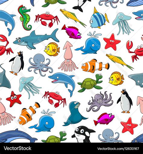 Cartoon pattern of sea fish and ocean animals Vector Image